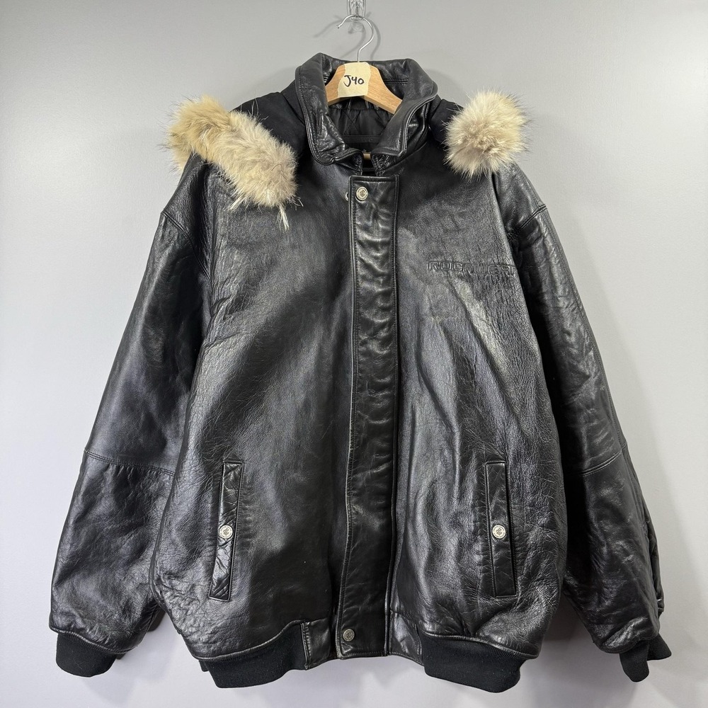 Y2K Rocawear Leather Jacket Mens 2XL Black Fur Trim Hooded Bomber Hip Hop Winter